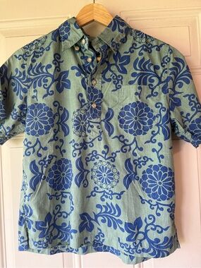 Reyn Spooner Kids Blue Green Hawaiian Half Button Down Shirt